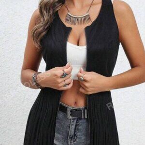 Black faux suede vest with fringe